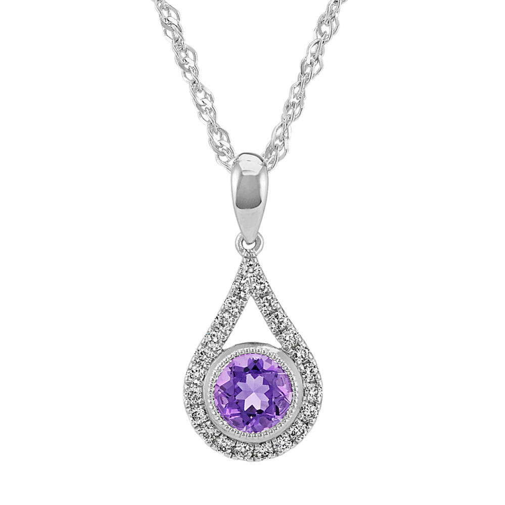 Round Amethyst and Diamond Teardrop Pendant in Sterling Silver (20'')
