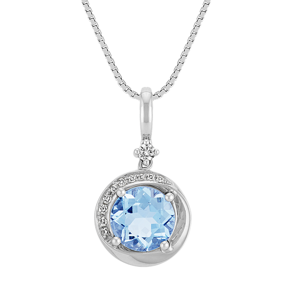 Round Aquamarine and Diamond Sterling Silver Pendant (18 in)