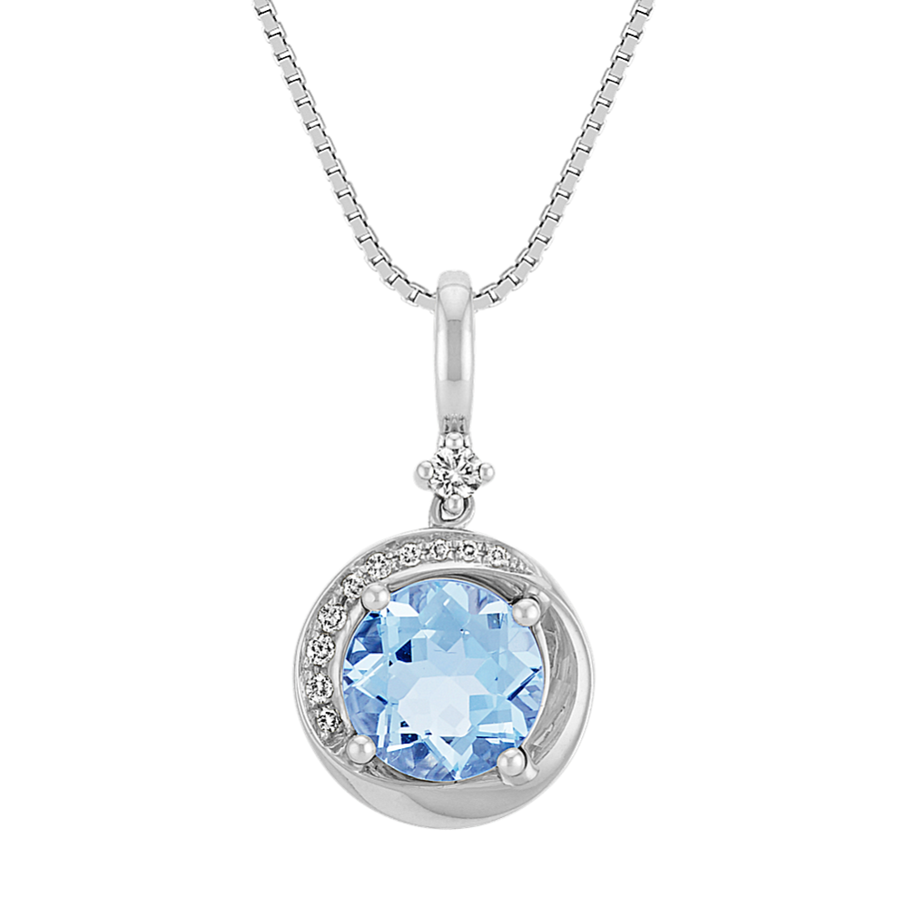 Round Aquamarine and Diamond Sterling Silver Pendant (18'')