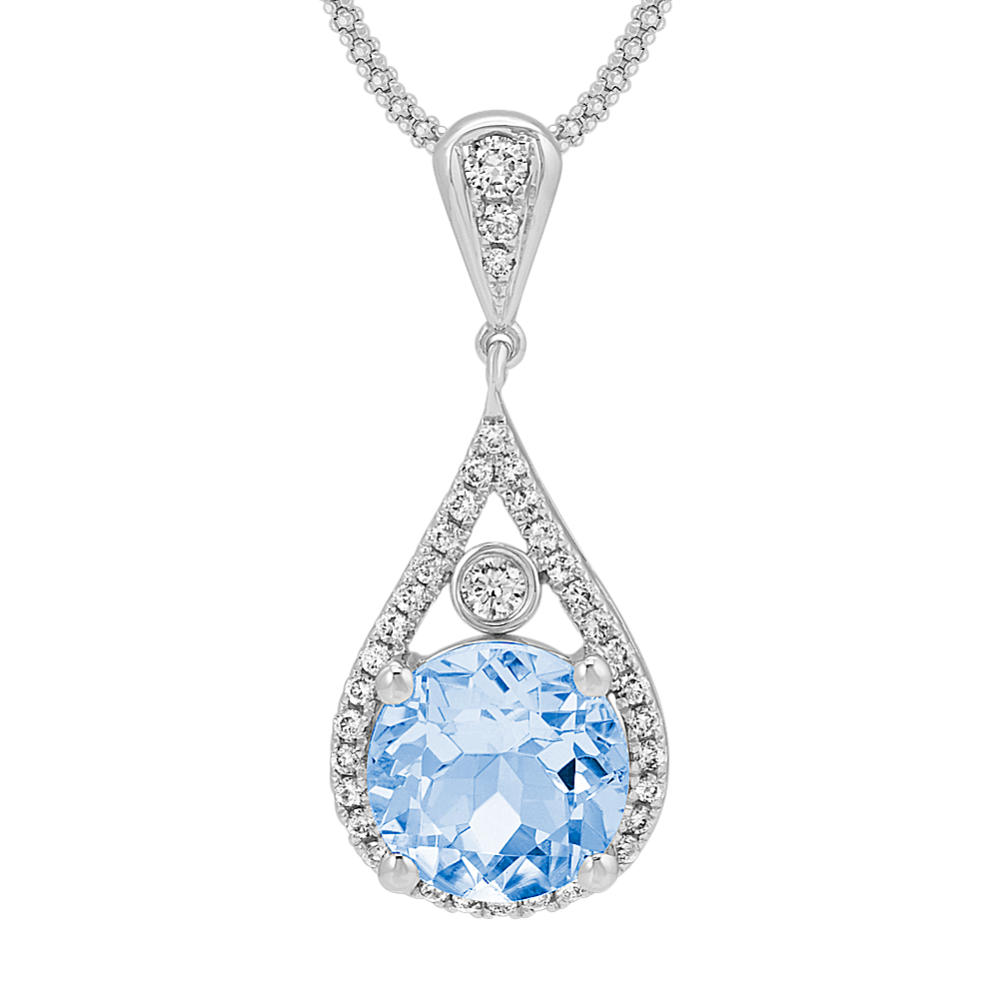 Round Aquamarine and Round Diamond Teardrop Pendant (22'')