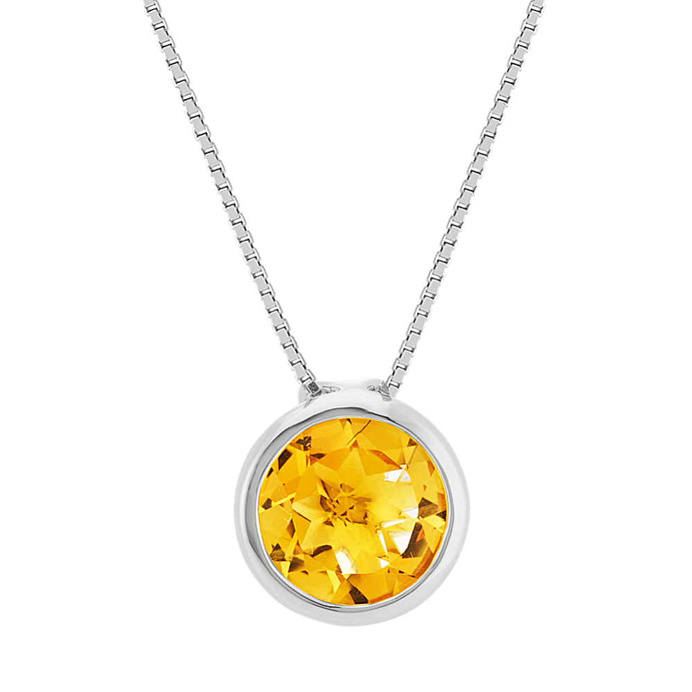 Round Bezel-Set Citrine Pendant in Sterling Silver (20'')