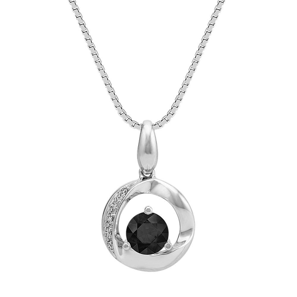 Round Black Sapphire Circle Pendant with Diamond Accent (18 in)