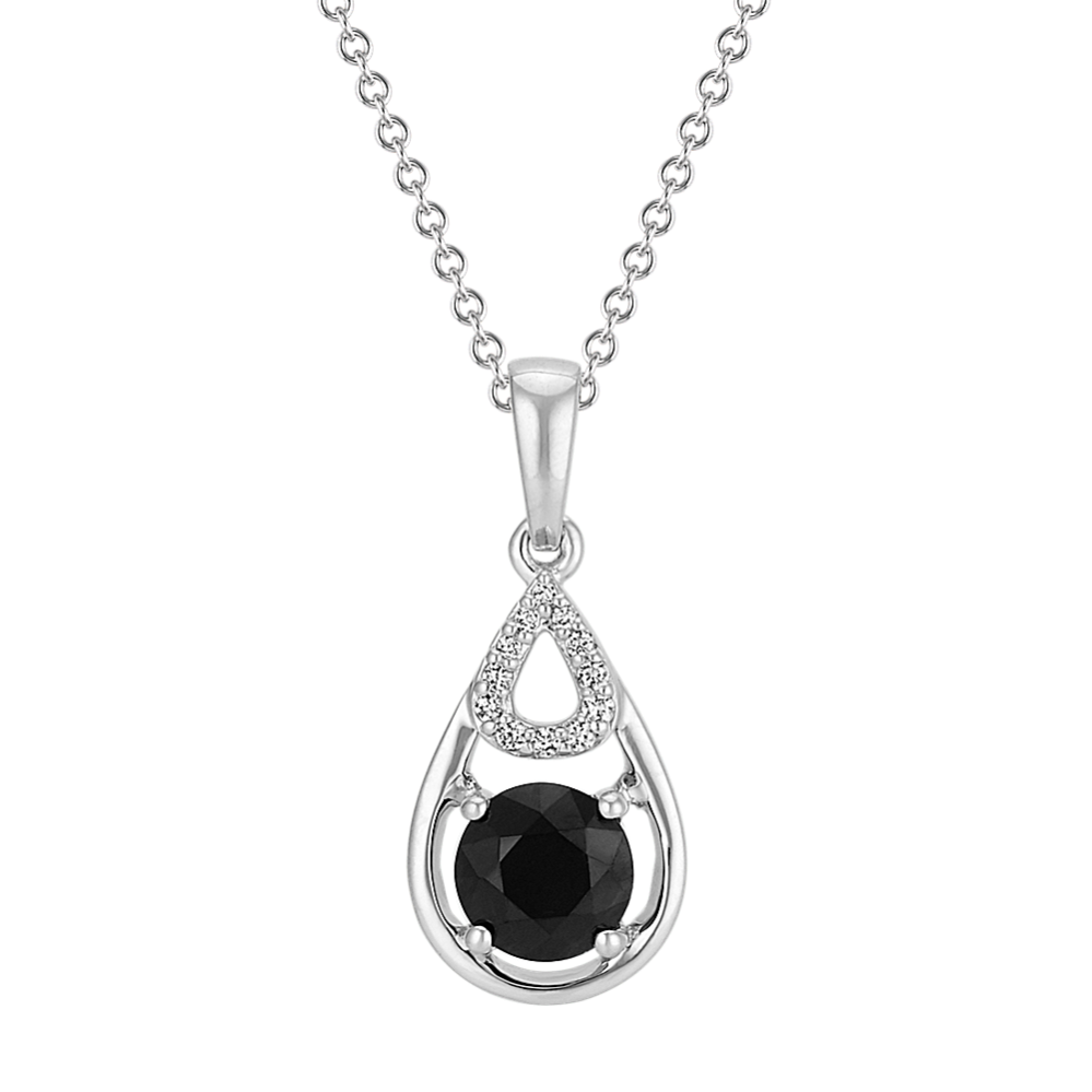 Round Black Sapphire and Diamond Teardrop Pendant (22 in)