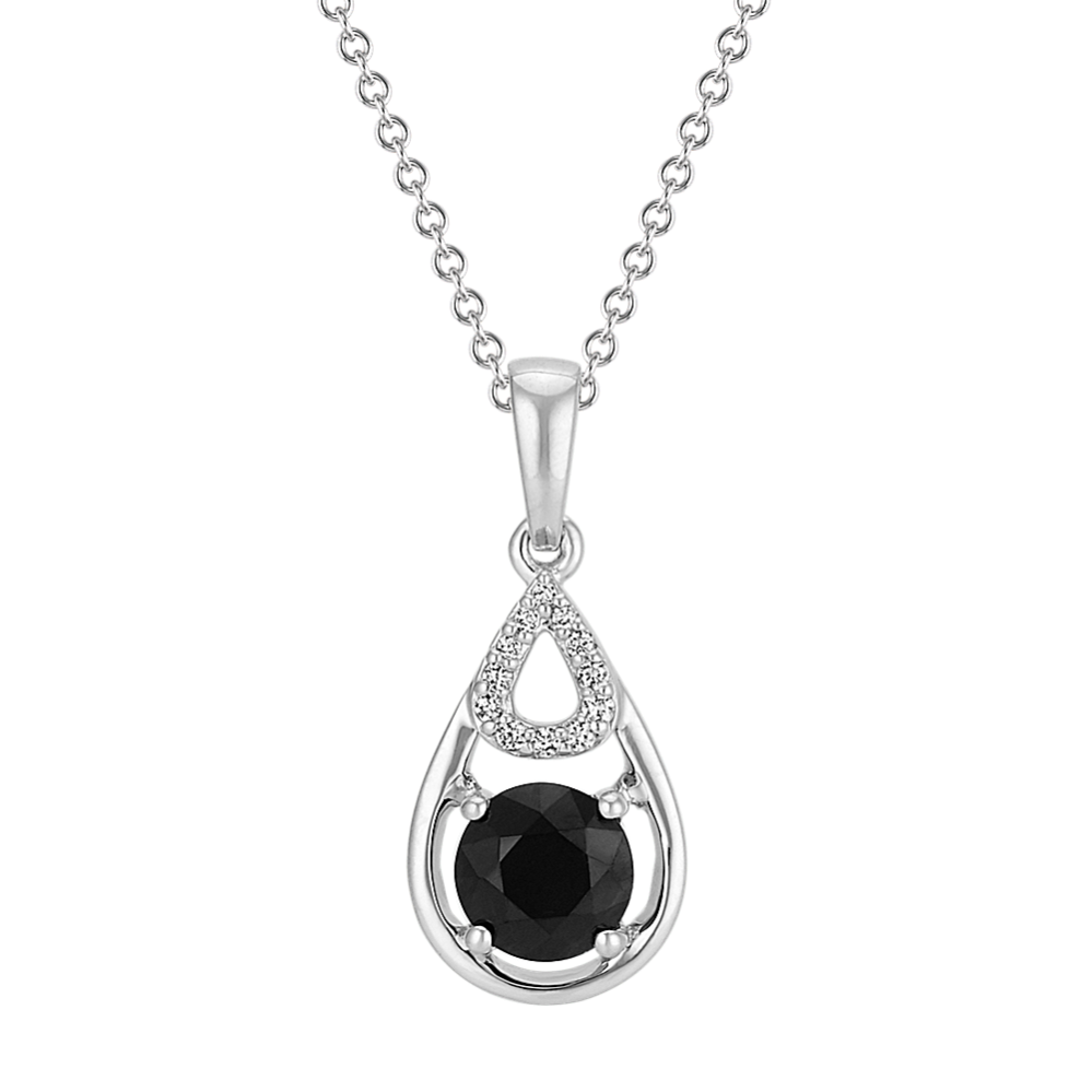 Round Black Sapphire and Diamond Teardrop Pendant (22'')