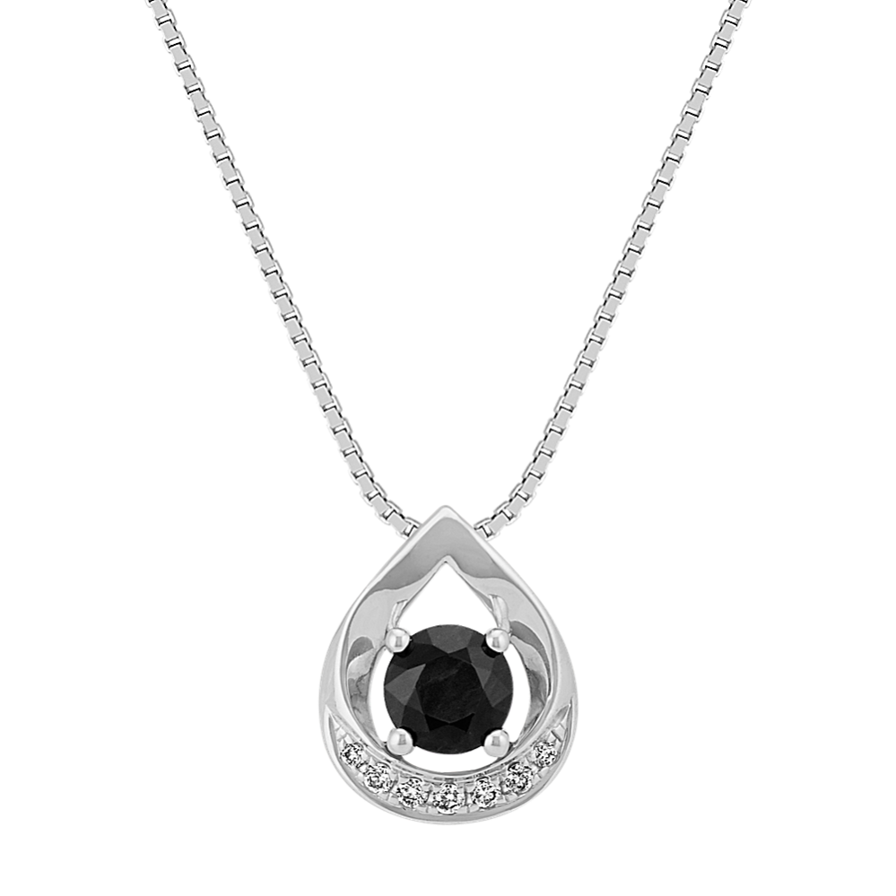Round Black Sapphire and Round Diamond Teardrop Pendant (18 in)