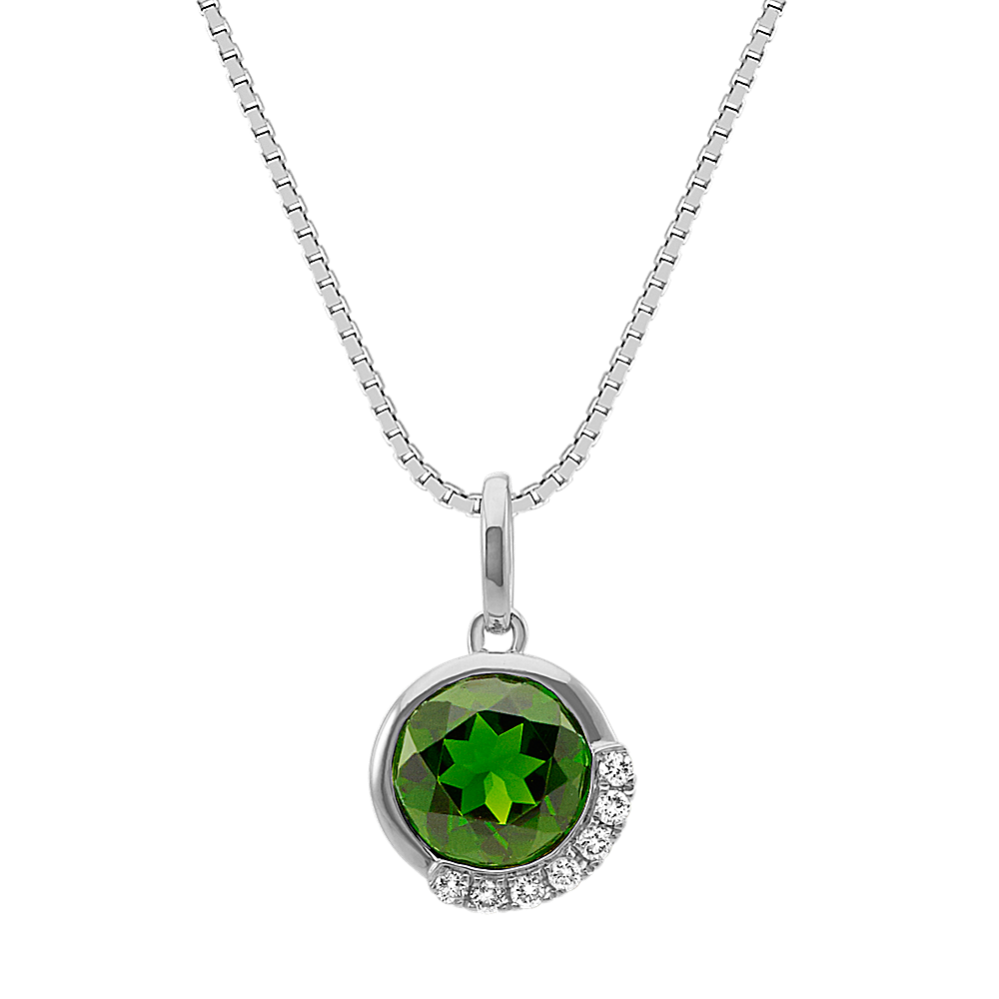 Round Chrome Diopside and Diamond Pendant in Sterling Silver (20 in)