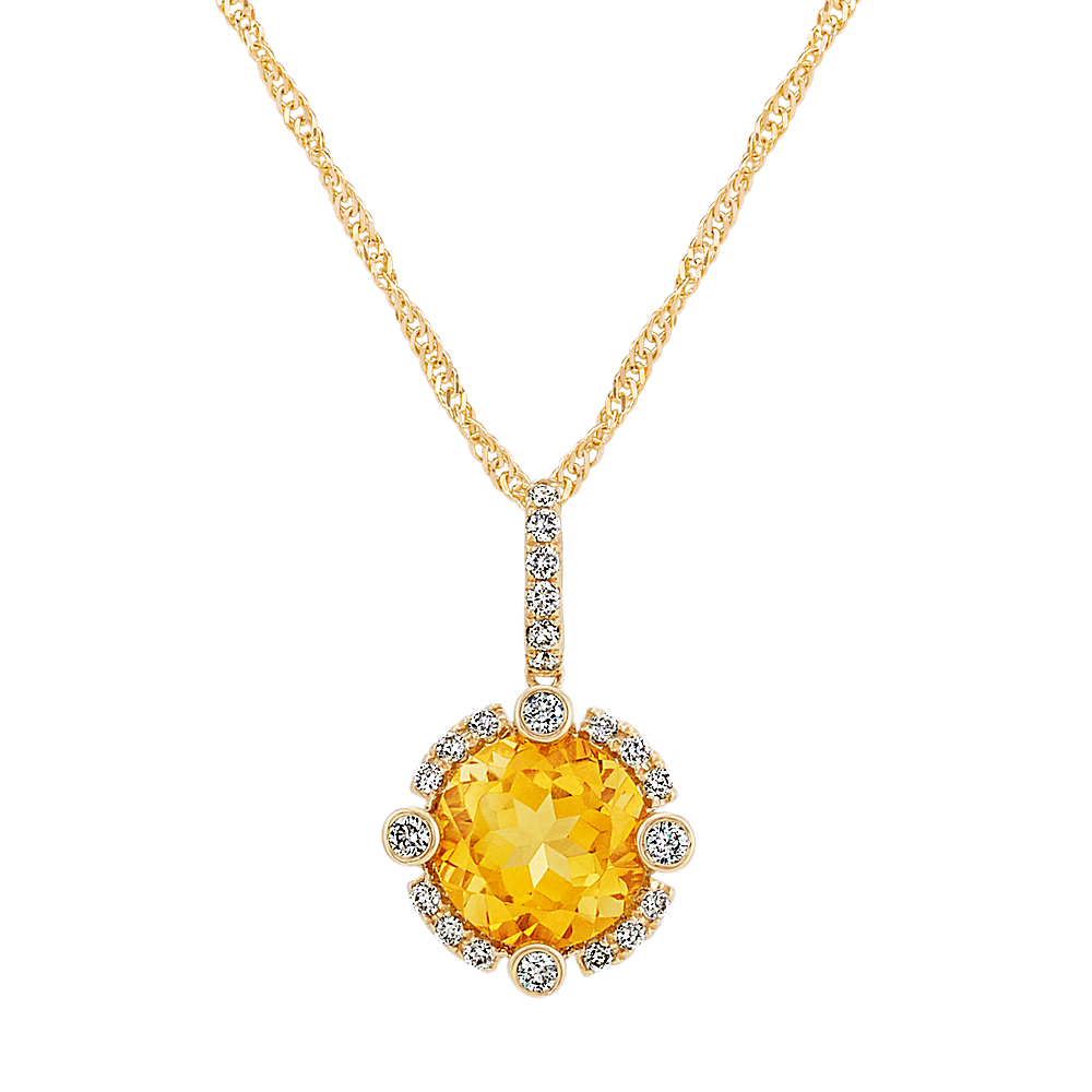 Round Citrine and Diamond Pendant in 14k Yellow Gold | Shane Co.