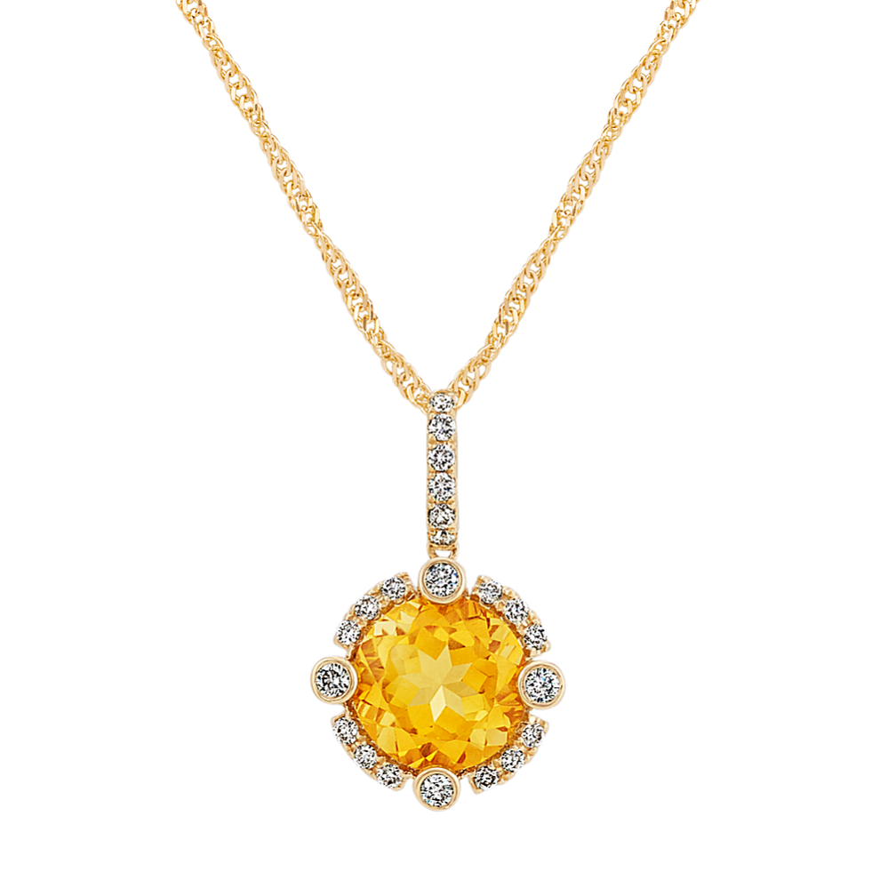 Round Citrine and Diamond Pendant in 14k Yellow Gold