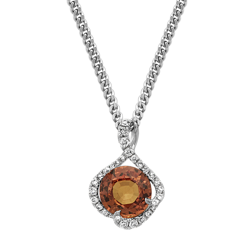 Round Cognac Sapphire and Round Diamond Swirl Pendant (18'')