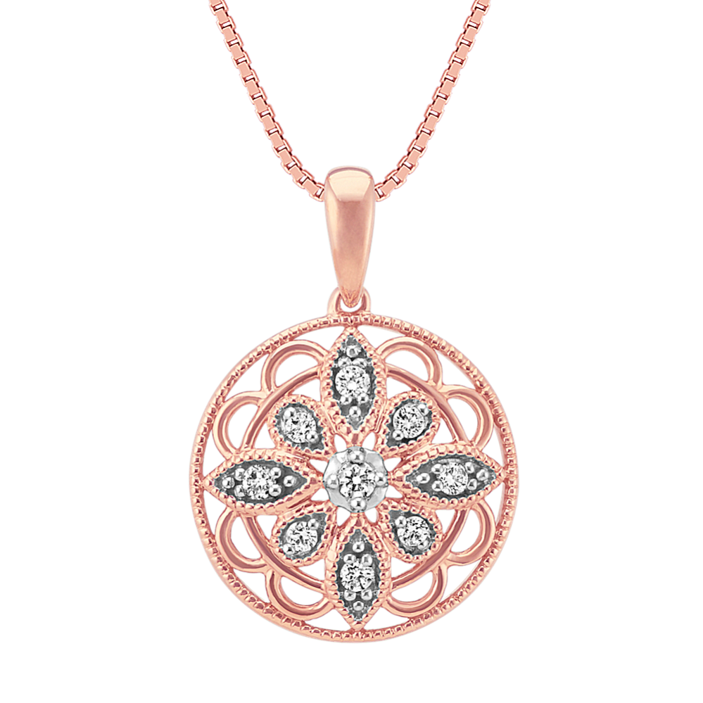 Round Diamond Floral Vintage Pendant in 14k Rose and White Gold (18 in)