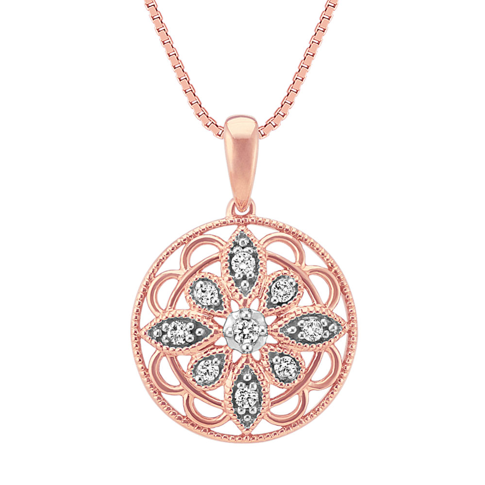 Round Diamond Floral Vintage Pendant in 14k Rose and White Gold (18'')