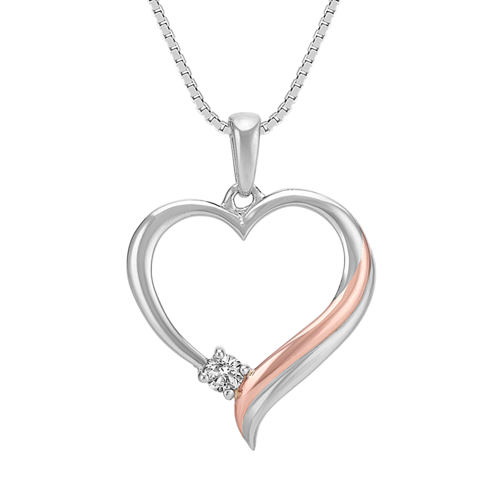 Round Diamond Heart Pendant in Sterling Silver and 14k Rose Gold (18 in)