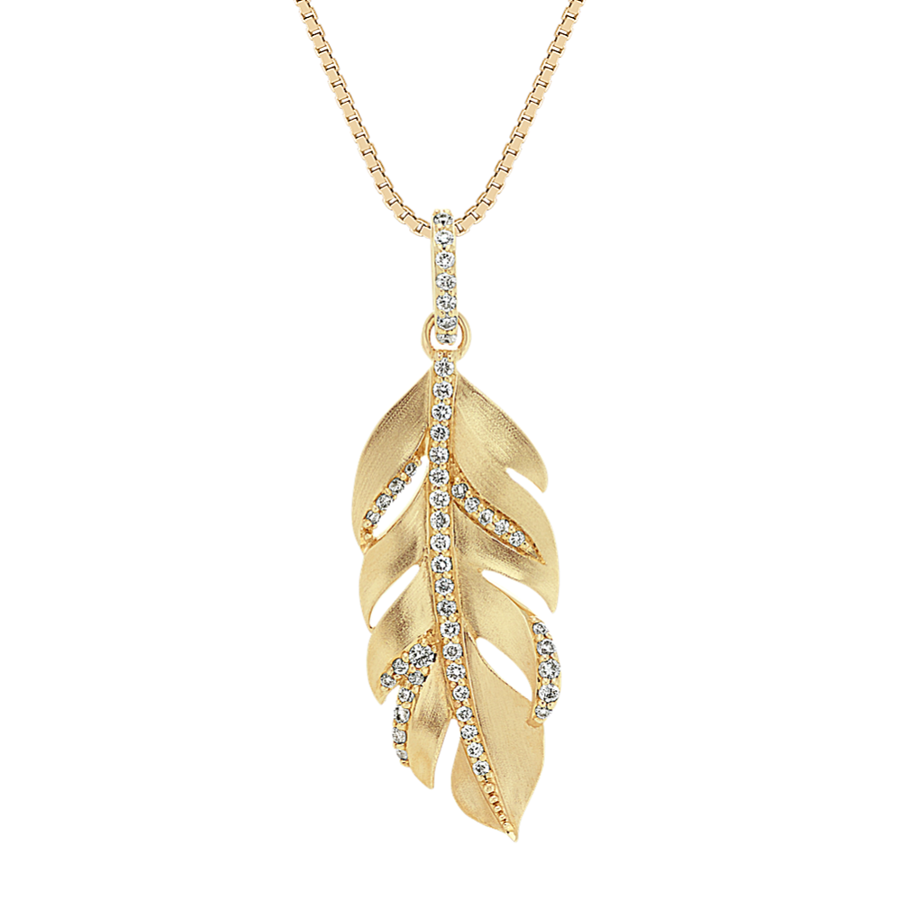 Round Diamond Leaf Pendant in 14k Yellow Gold (18'')