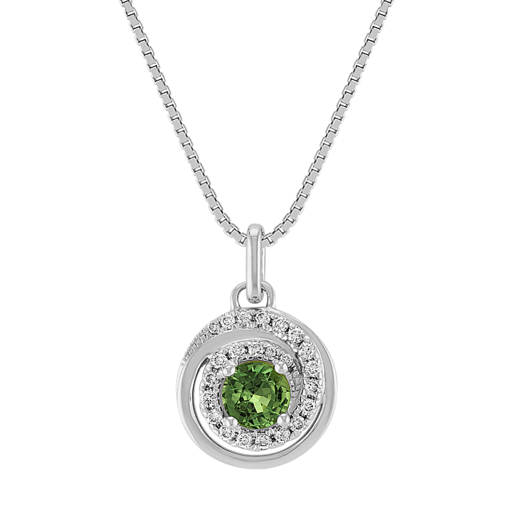 Round Green Sapphire and Diamond Circle Pendant (18 in)