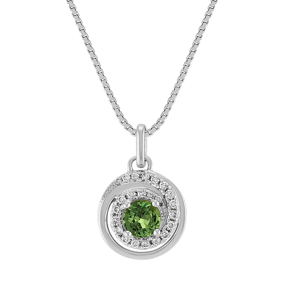 Round Green Sapphire and Diamond Circle Pendant (18'')