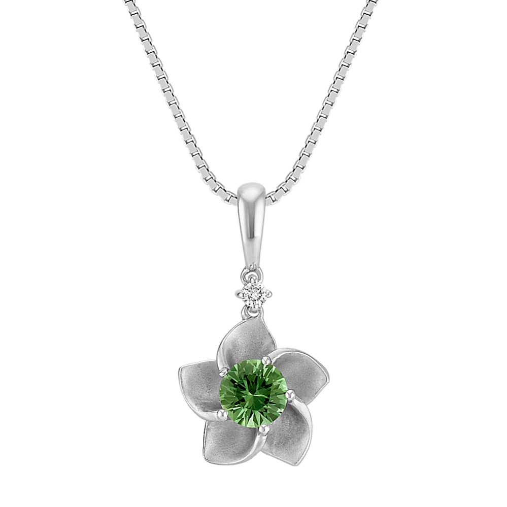 Round Green Sapphire and Round Diamond Flower Pendant (18 in)