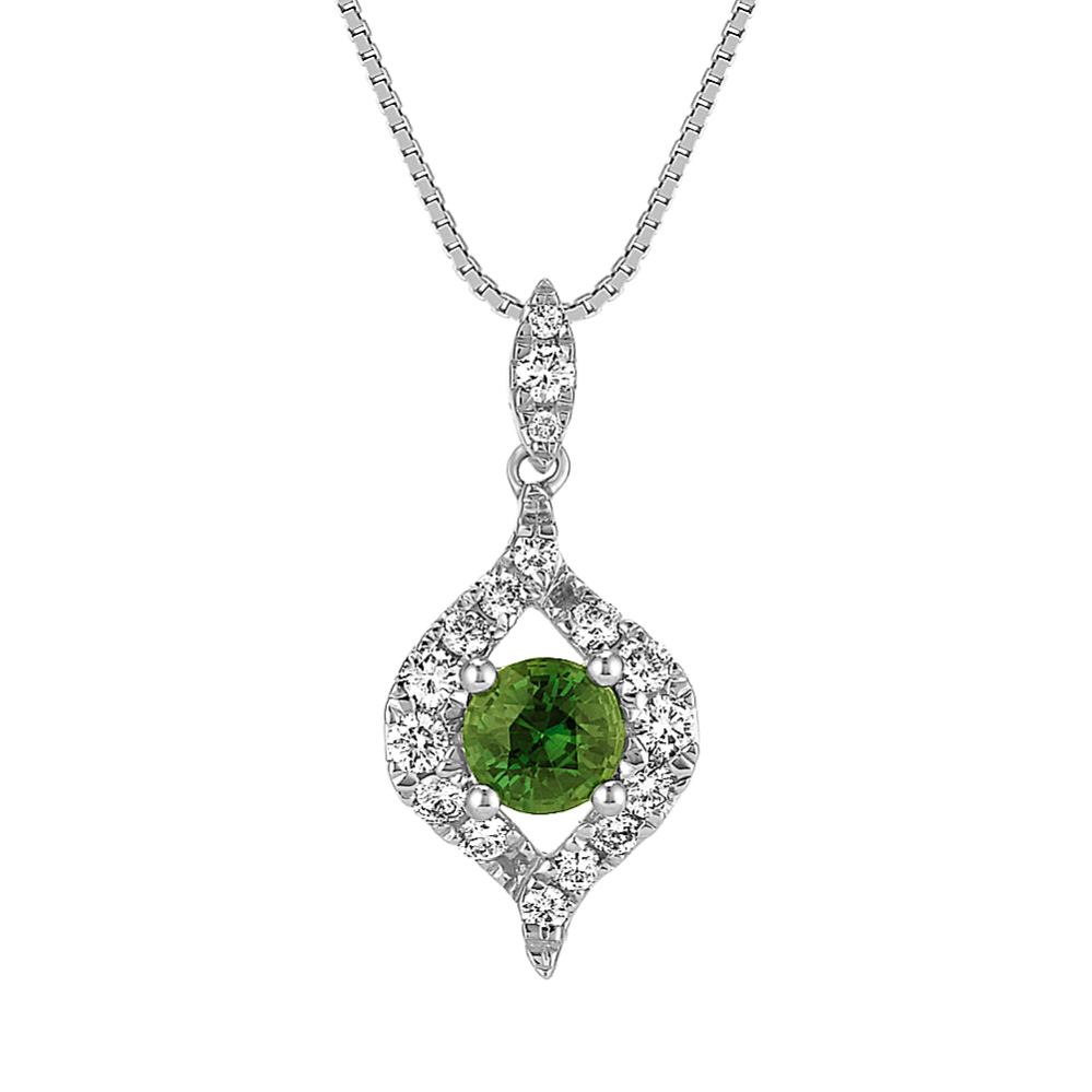 Round Green Sapphire and Round Diamond Pendant (18 in)