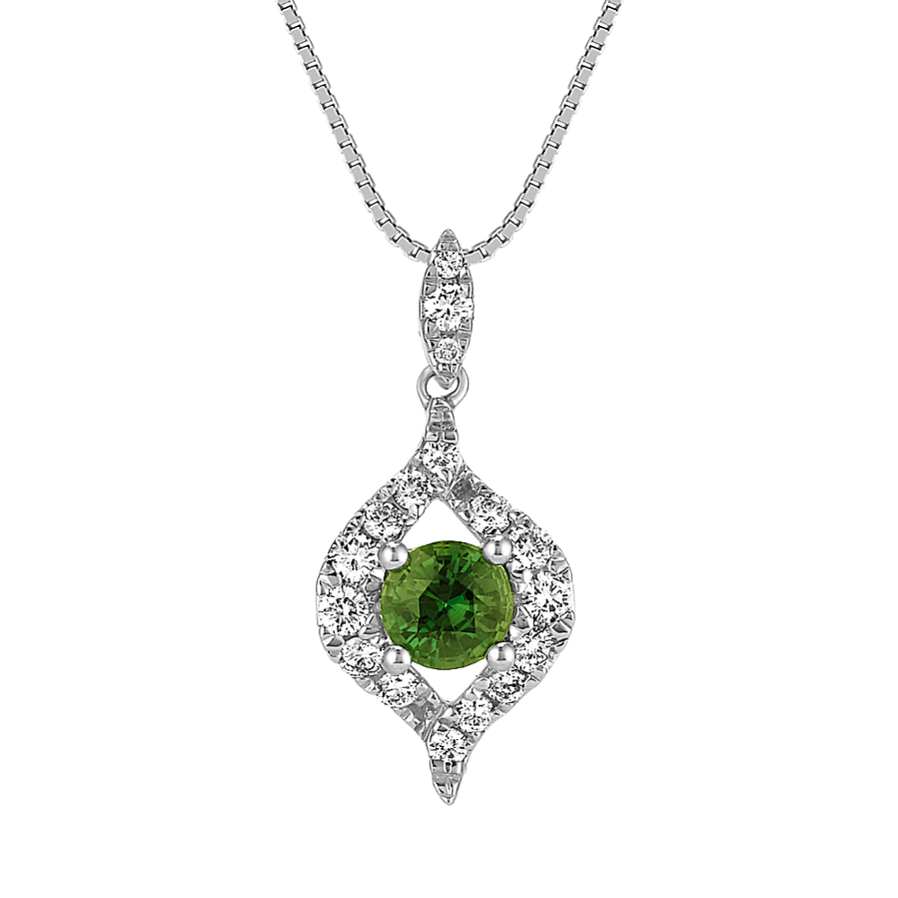 Round Green Sapphire and Round Diamond Pendant (18'')