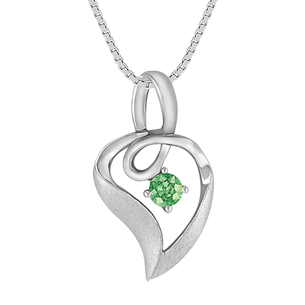 Round Green Sapphire and Sterling Silver Pendant (18 in)