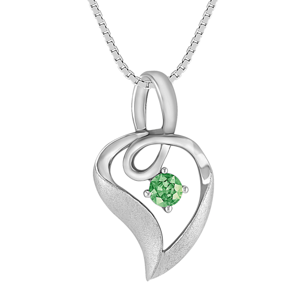 Round Green Sapphire and Sterling Silver Pendant (18'')