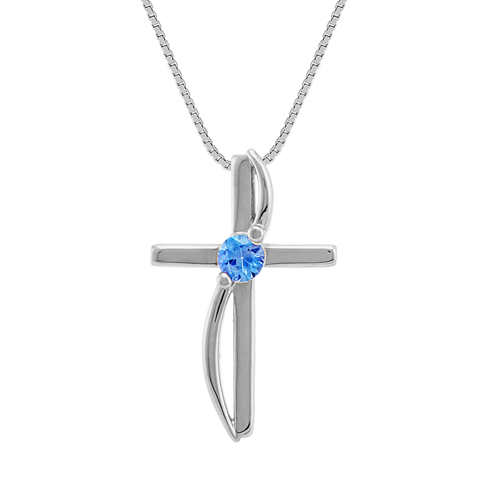 Round Kentucky Blue Sapphire Cross Pendant in 14k White Gold (18 in)