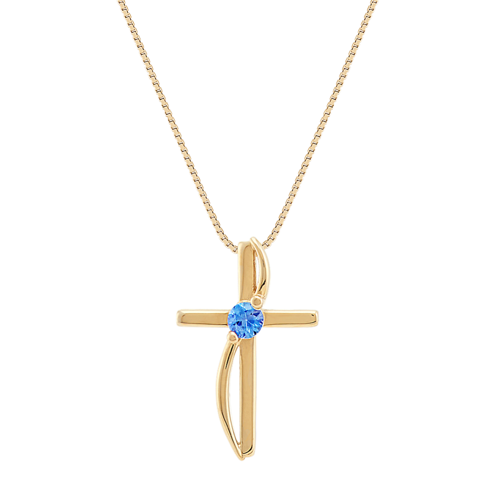Round Kentucky Blue Sapphire Cross Pendant in 14k Yellow Gold (18 in)