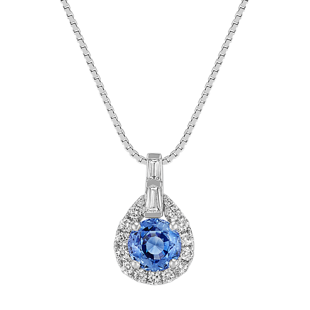Round Kentucky Blue Sapphire, Round and Baguette Diamond Pendant (18 in)