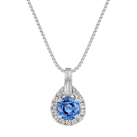 Round Cky Blue Sapphire And Baguette Diamond Pendant 18 Round Cky Blue Sapphire And Baguette Diamond Pendant 18 In