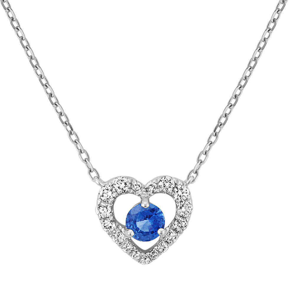 Round Kentucky Blue Sapphire and Diamond Heart Necklace (18 in)