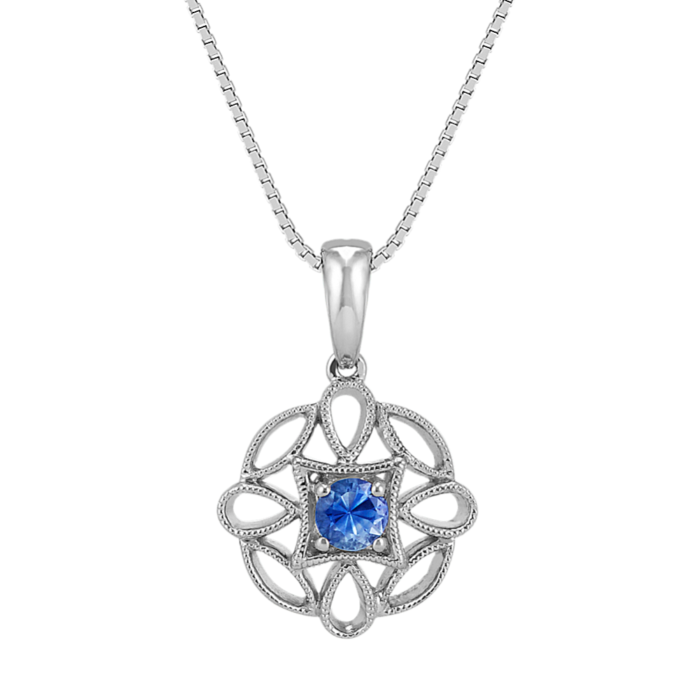 Round Kentucky Blue Sapphire and Sterling Silver Pendant (18'')