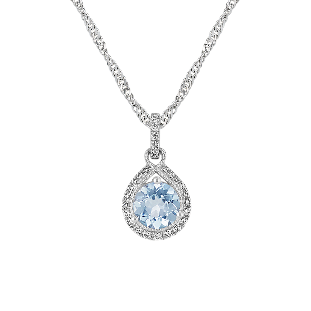 Round Natural Aquamarine Pendant with Natural Diamonds (20 in)