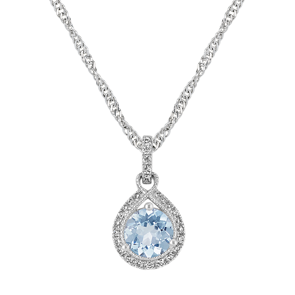 Round Aquamarine Pendant with Diamonds (20 in)