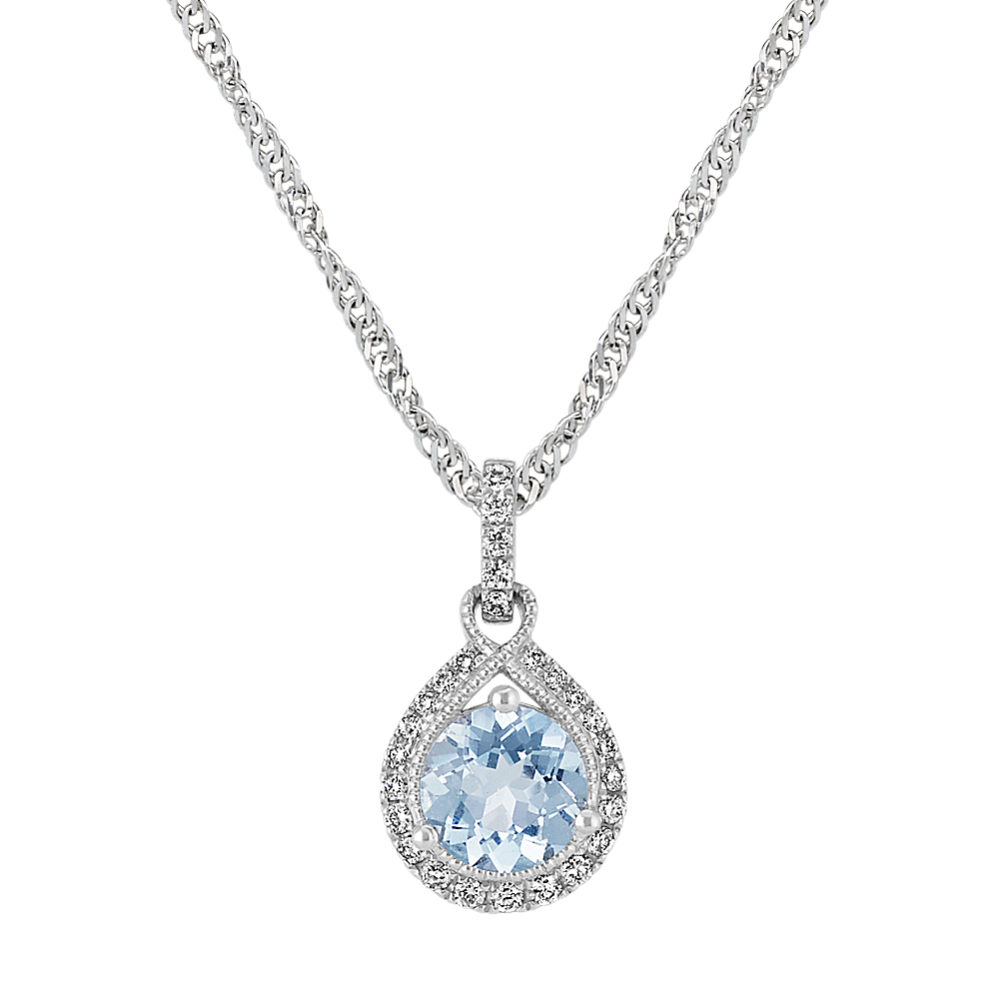 Round Aquamarine Pendant with Diamonds (20'') | Shane Co.
