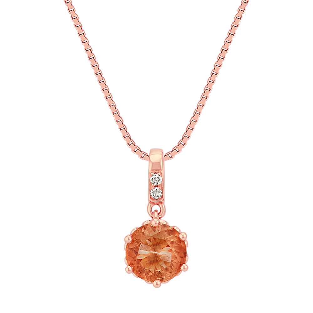 Round Oregon Sunstone and Round Diamond 14k Rose Gold Pendant (18'')