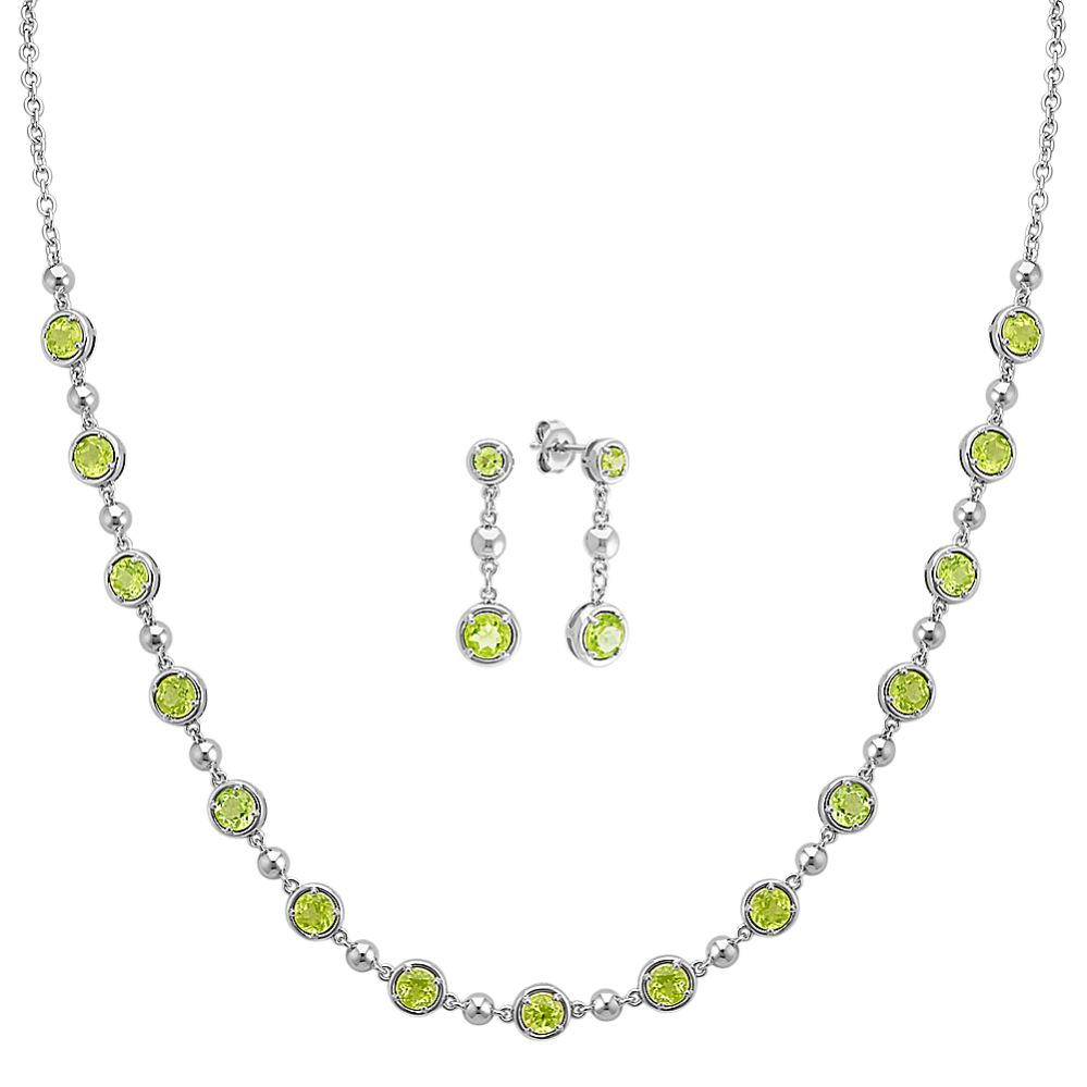 Round Peridot Sterling Silver Earrings and Necklace Matching Set (20'')