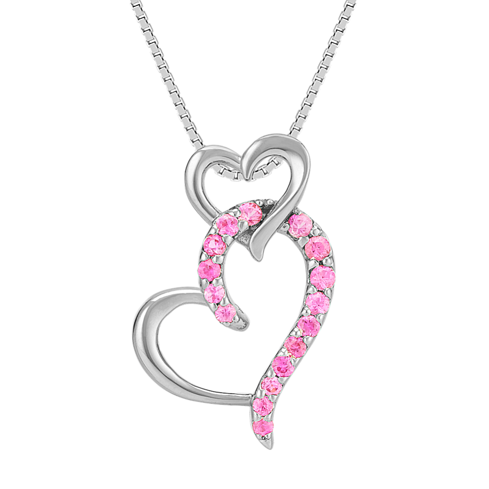 Round Pink Sapphire Hearts Pendant in Sterling Silver (18 in)
