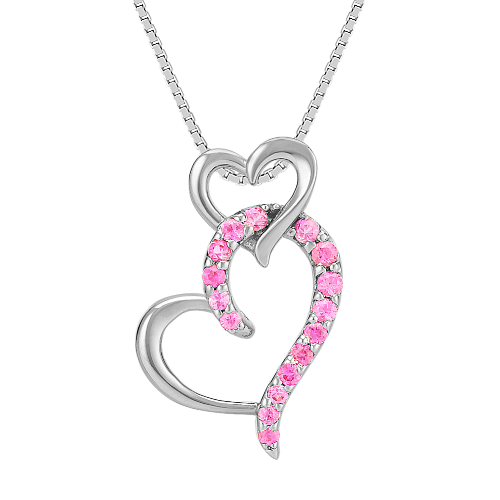 Round Pink Sapphire Hearts Pendant in Sterling Silver (18'')