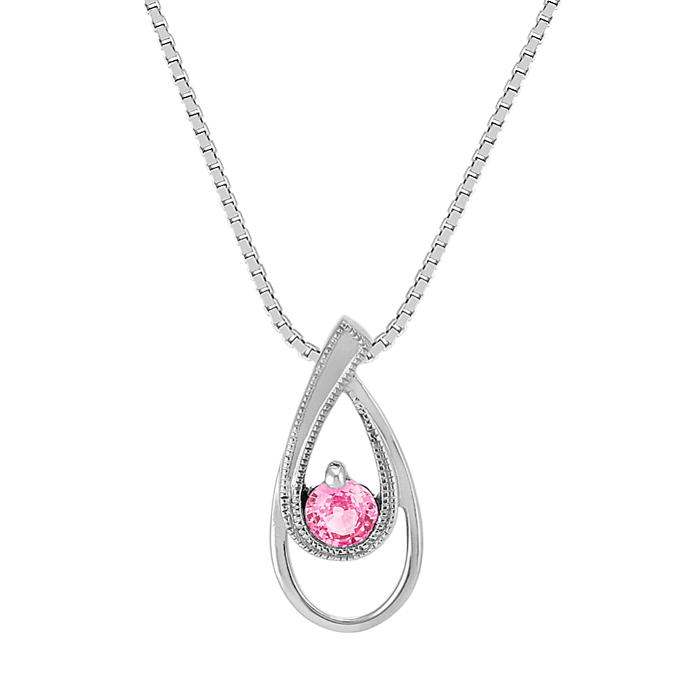 Round Pink Sapphire Sterling Silver Drop Pendant with Milgrain (18 in)