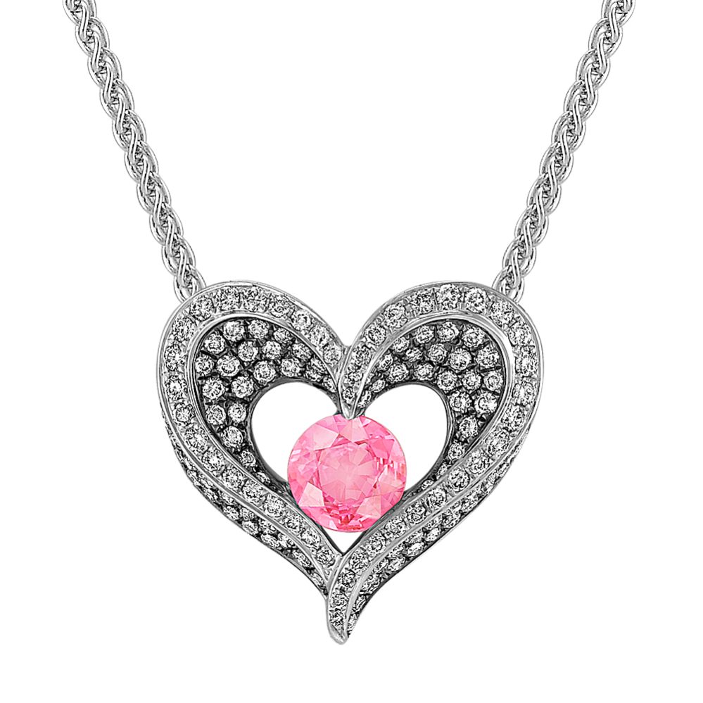 Round Pink Sapphire and Diamond Heart Pendant with Black Rhodium (18 in)