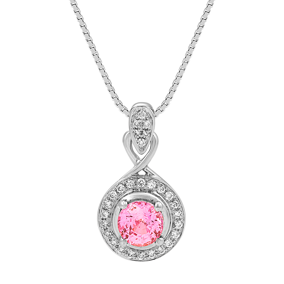 Round Pink Sapphire and Round Diamond Pendant (18 in)