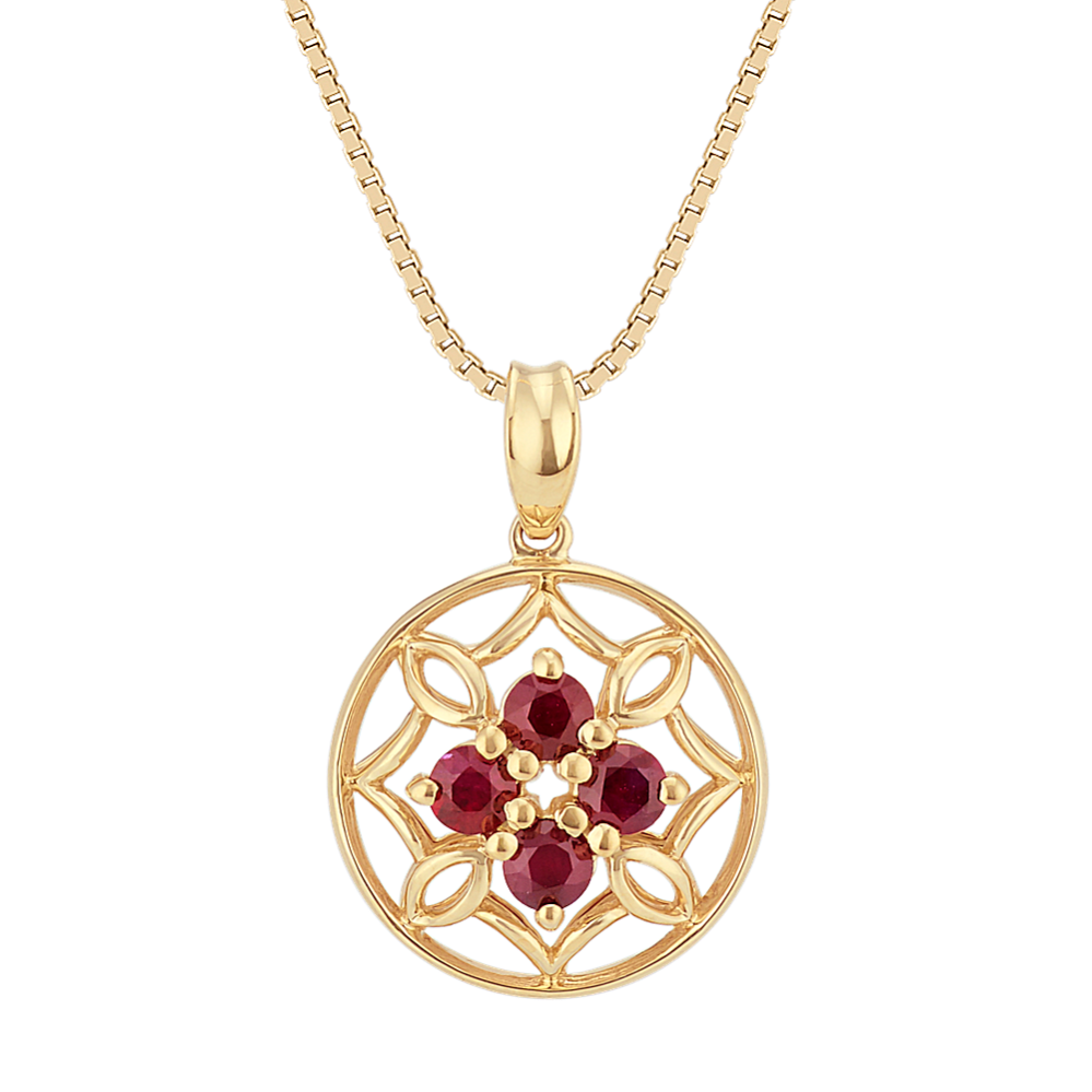 Round Ruby Cluster Pendant in 14k Yellow Gold (18'')
