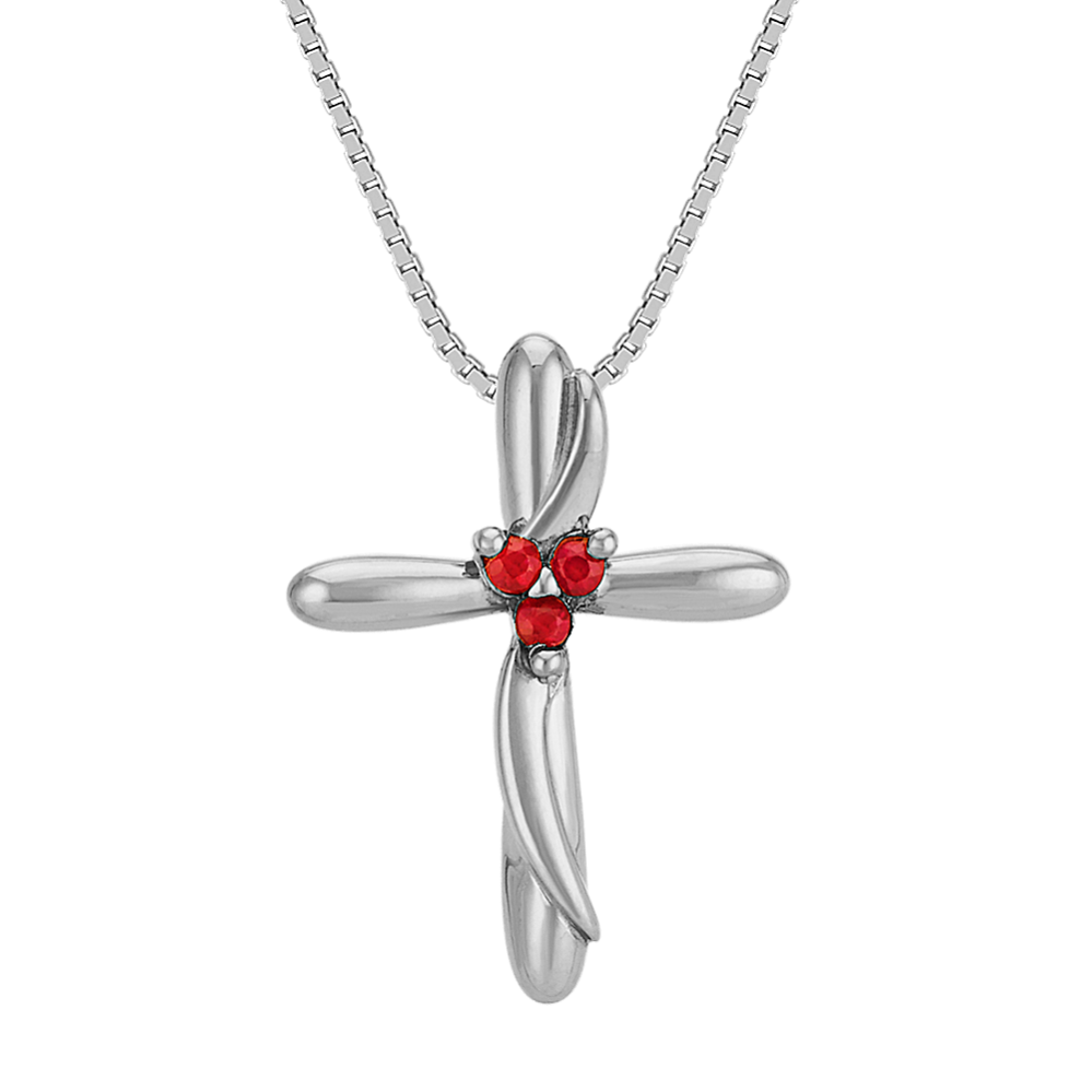 Round Ruby Cross Pendant in White Gold (18 in)
