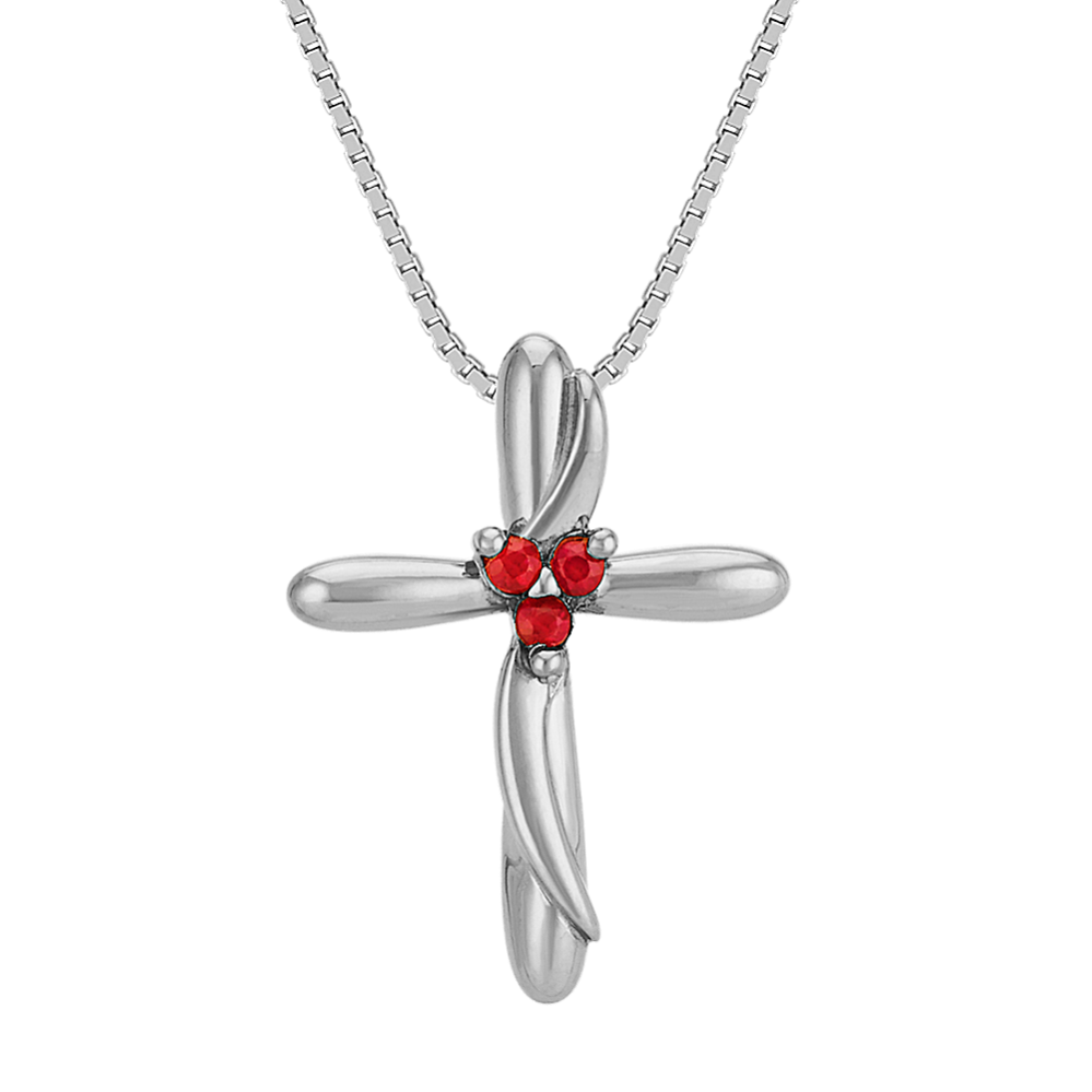 Round Ruby Cross Pendant in White Gold (18'')