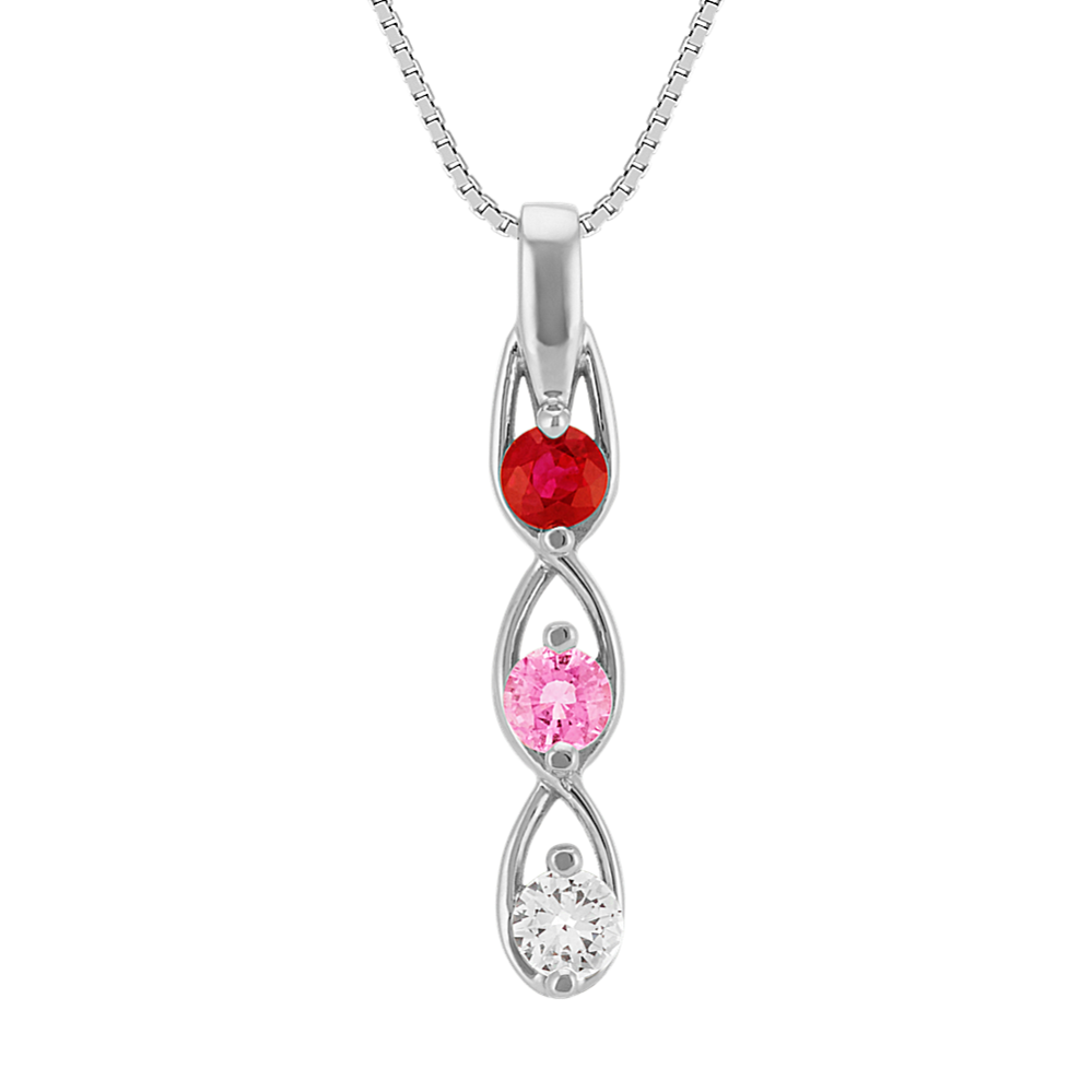 Round Ruby, Pink Sapphire, and White Sapphire Pendant (18 in)