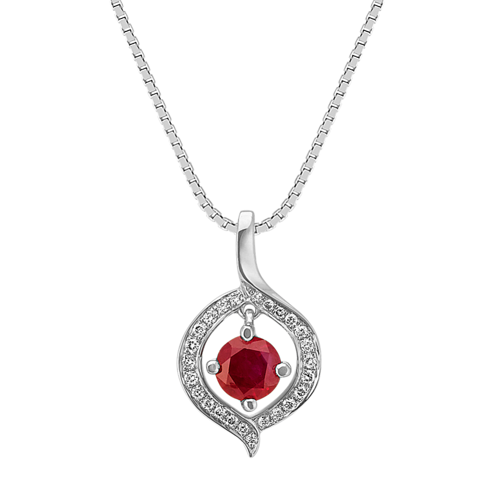 Round Ruby and Diamond Circle Pendant in 14k White Gold (18 in)