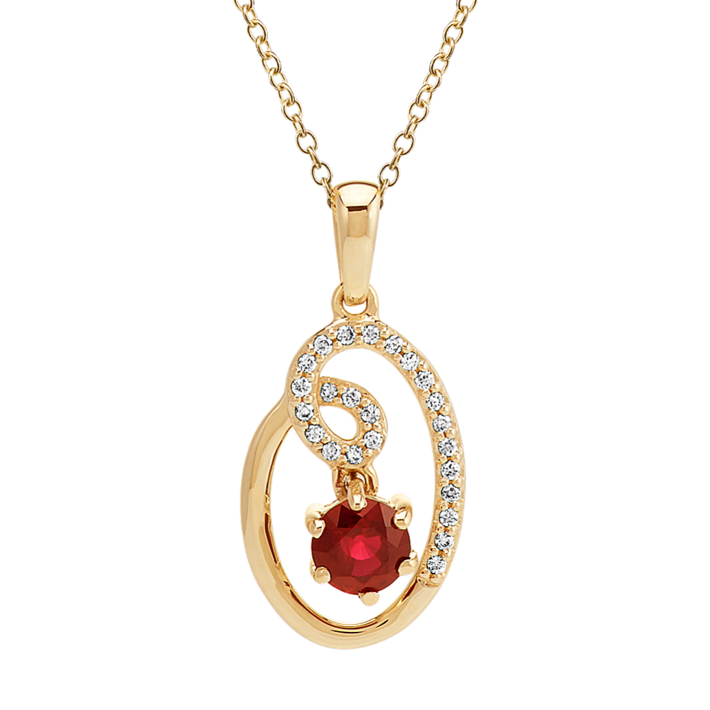 Round Ruby and Diamond Circle and Swirl 14k Yellow Gold Pendant (22 in)