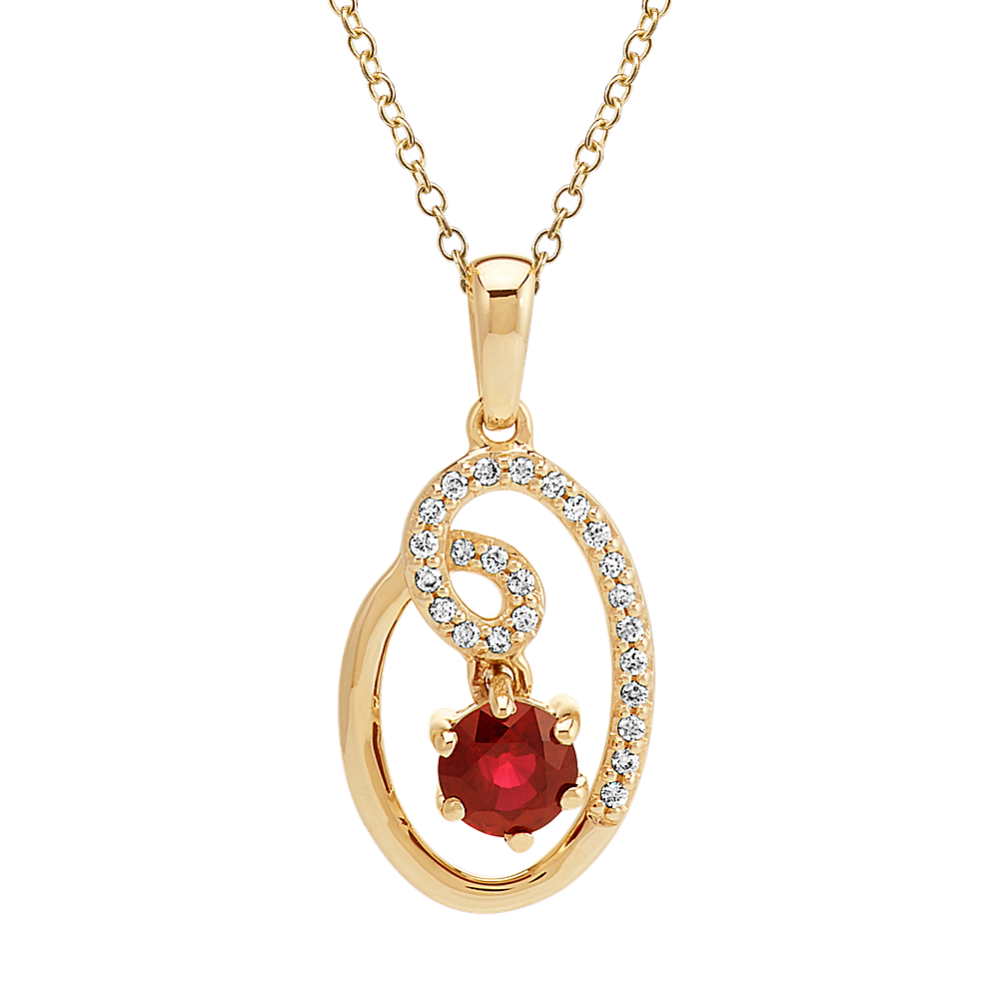 Round Ruby and Diamond Circle and Swirl 14k Yellow Gold Pendant (22'')