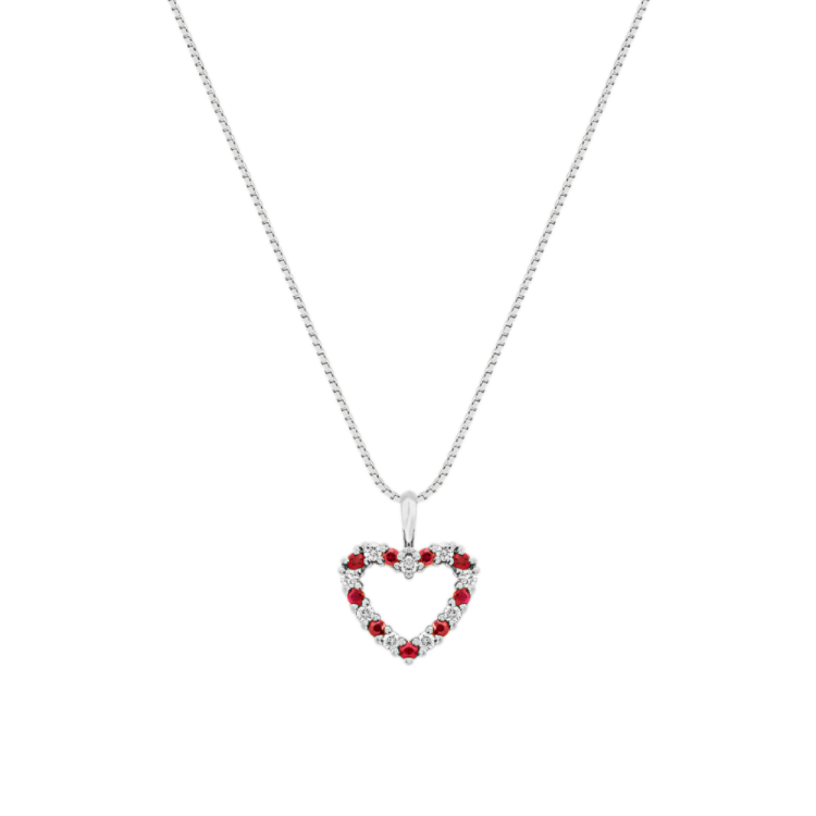 Camellia Natural Ruby and Natural Diamond heart Pendant in 14K White Gold (18 in)