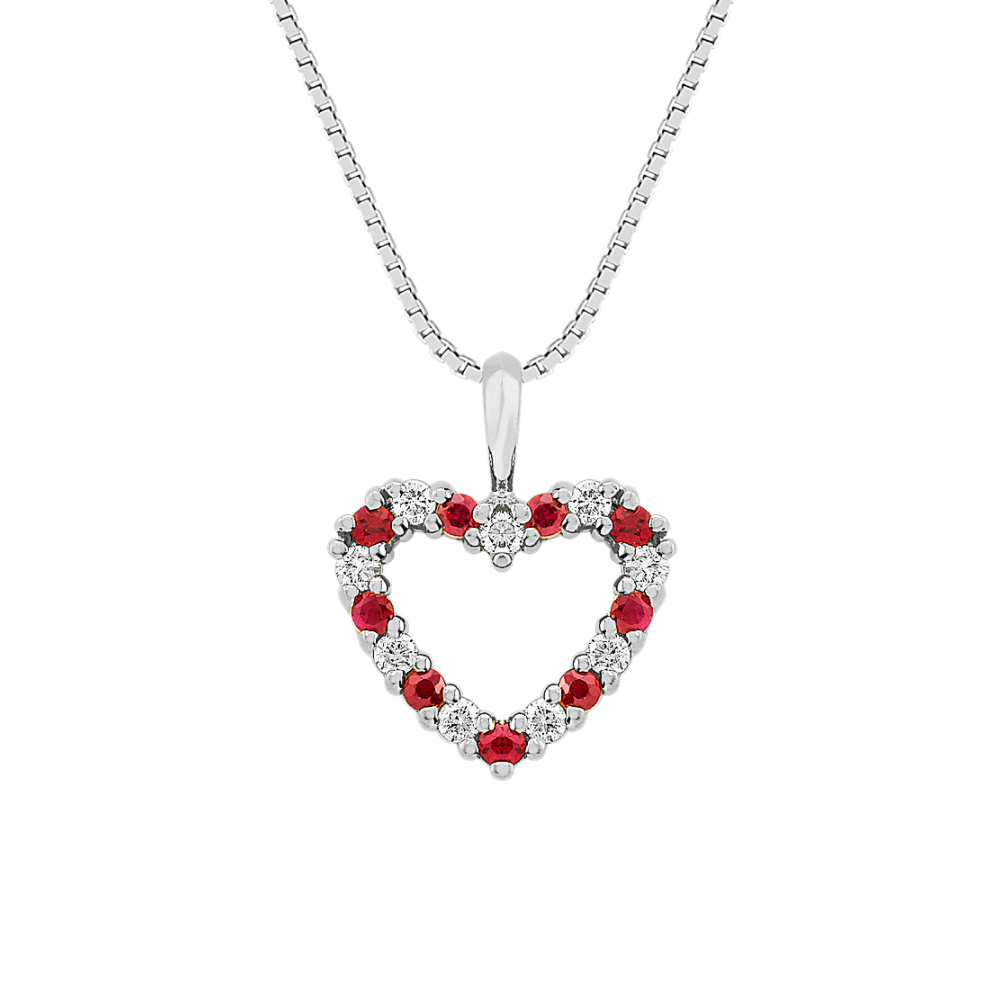 Camellia Ruby and Diamond heart Pendant in 14K White Gold (18 in)