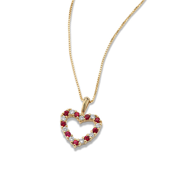 Camellia Natural Ruby and Natural Diamond Heart Pendant in 14K Yellow Gold (18 in)
